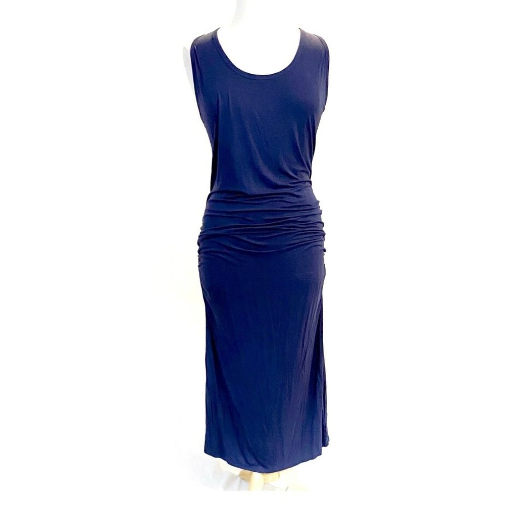 Venus Sleeveless Racerback Scoop Neck Ruched Oxford Blue Knit Maxi Dress Size 3X - Picture 1 of 7